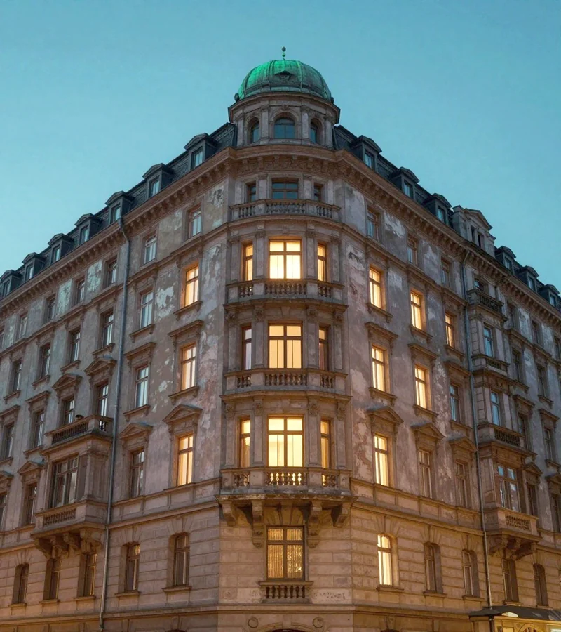 Wilhelminian-era apartment building at dusk – older buildings often have a shorter remaining useful life